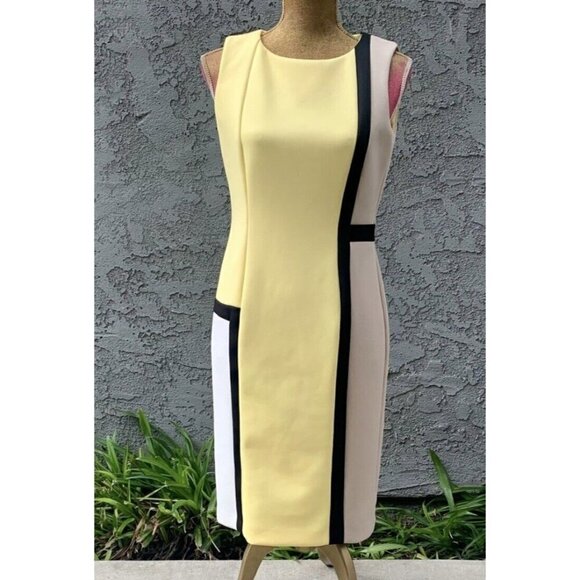 Calvin Klein Sz 4 Yellow Black Color Block Sheath Pencil Dress Stretch NWT NEW! - Picture 1 of 11